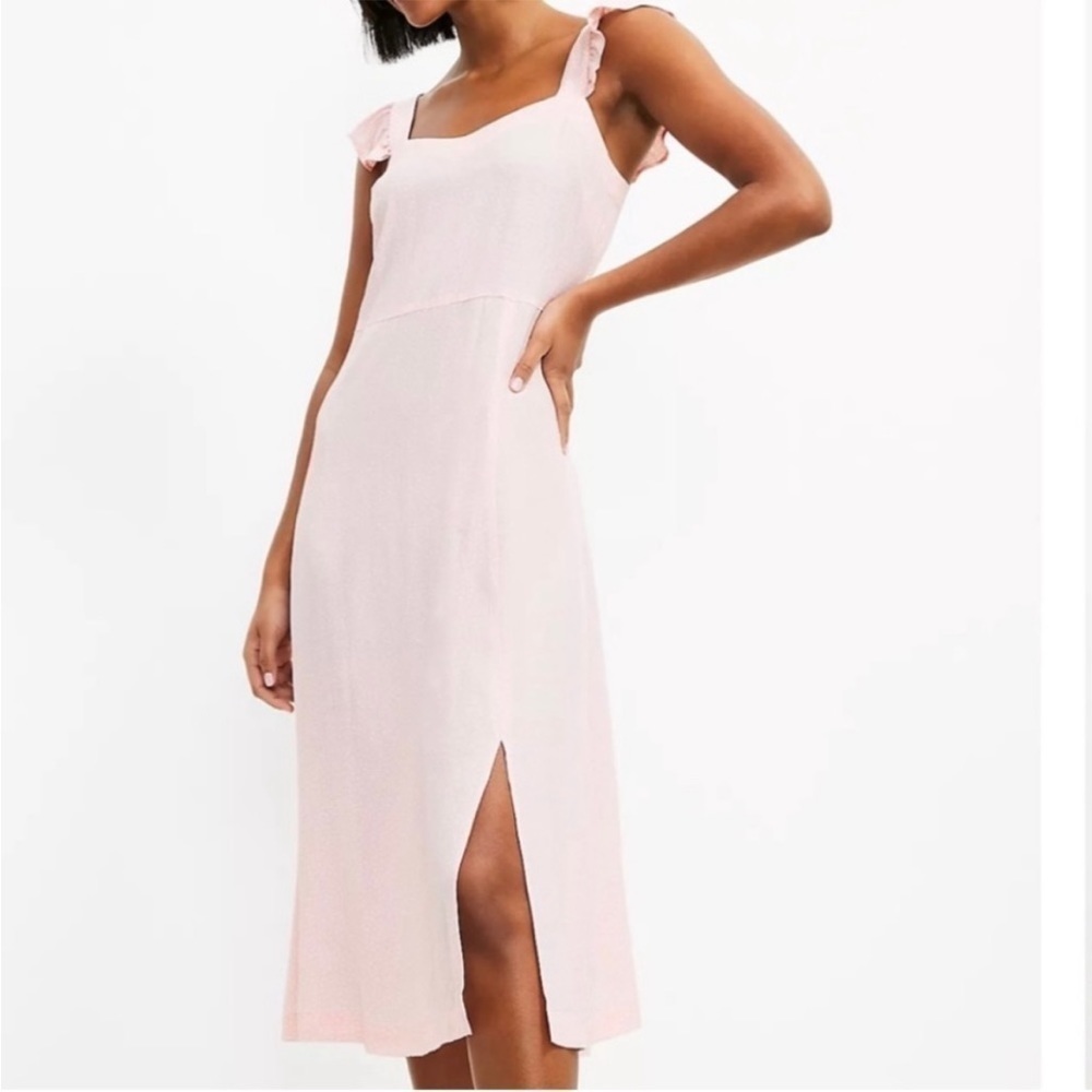NWT Ann Taylor LOFT Dress Midi Polka Dot Sheath Ruffle Flutter Sweetheart Pink